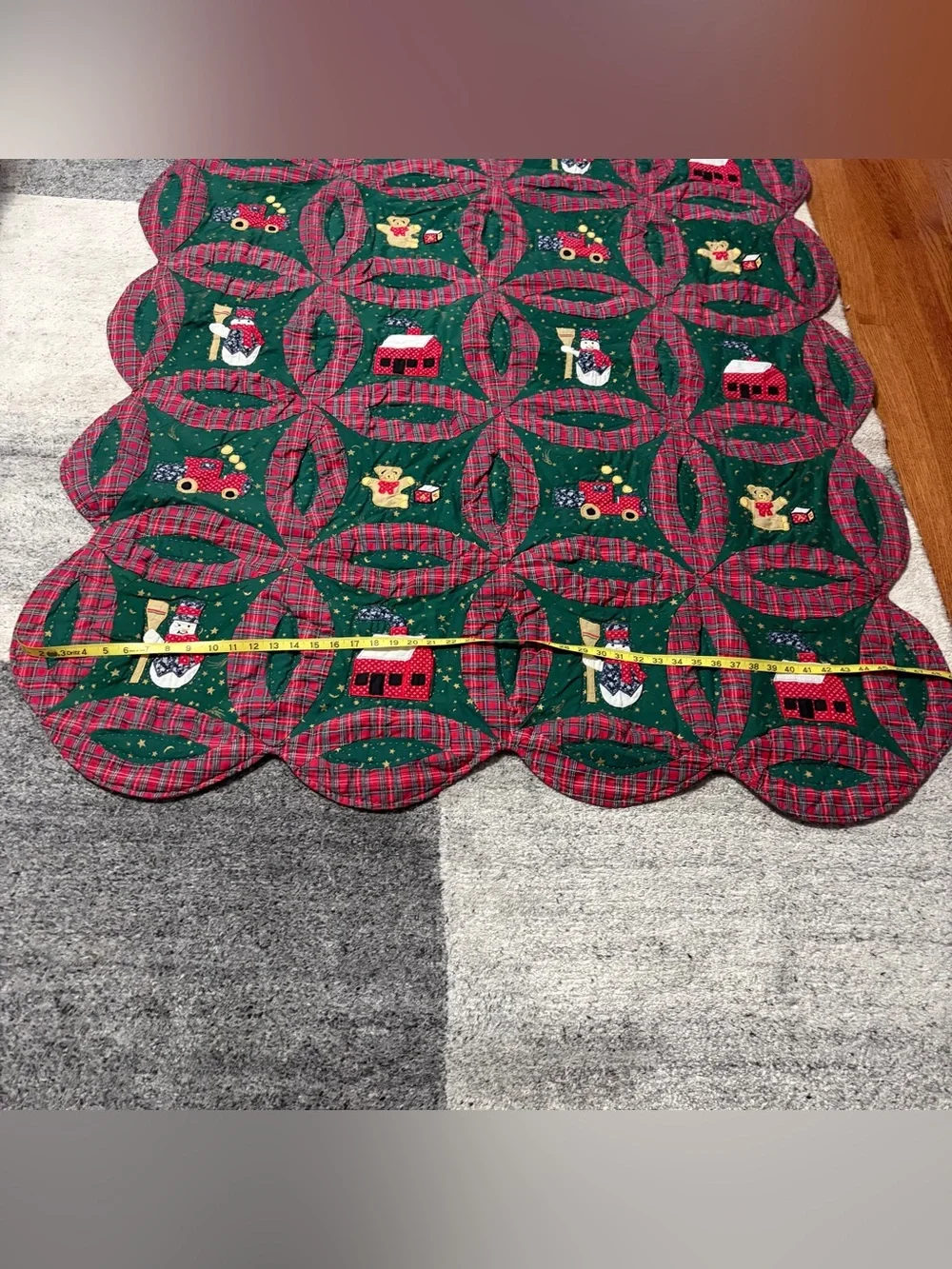 Vtg Hand-Sewn Christmas Quilt Double Wedding Ring Red Green Snowman Train 62x49